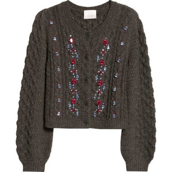 Cinq à Sept - Joelle Embellished Cable Cardigan - Charcoal/Fuchsia size XS - Picture 3 of 10